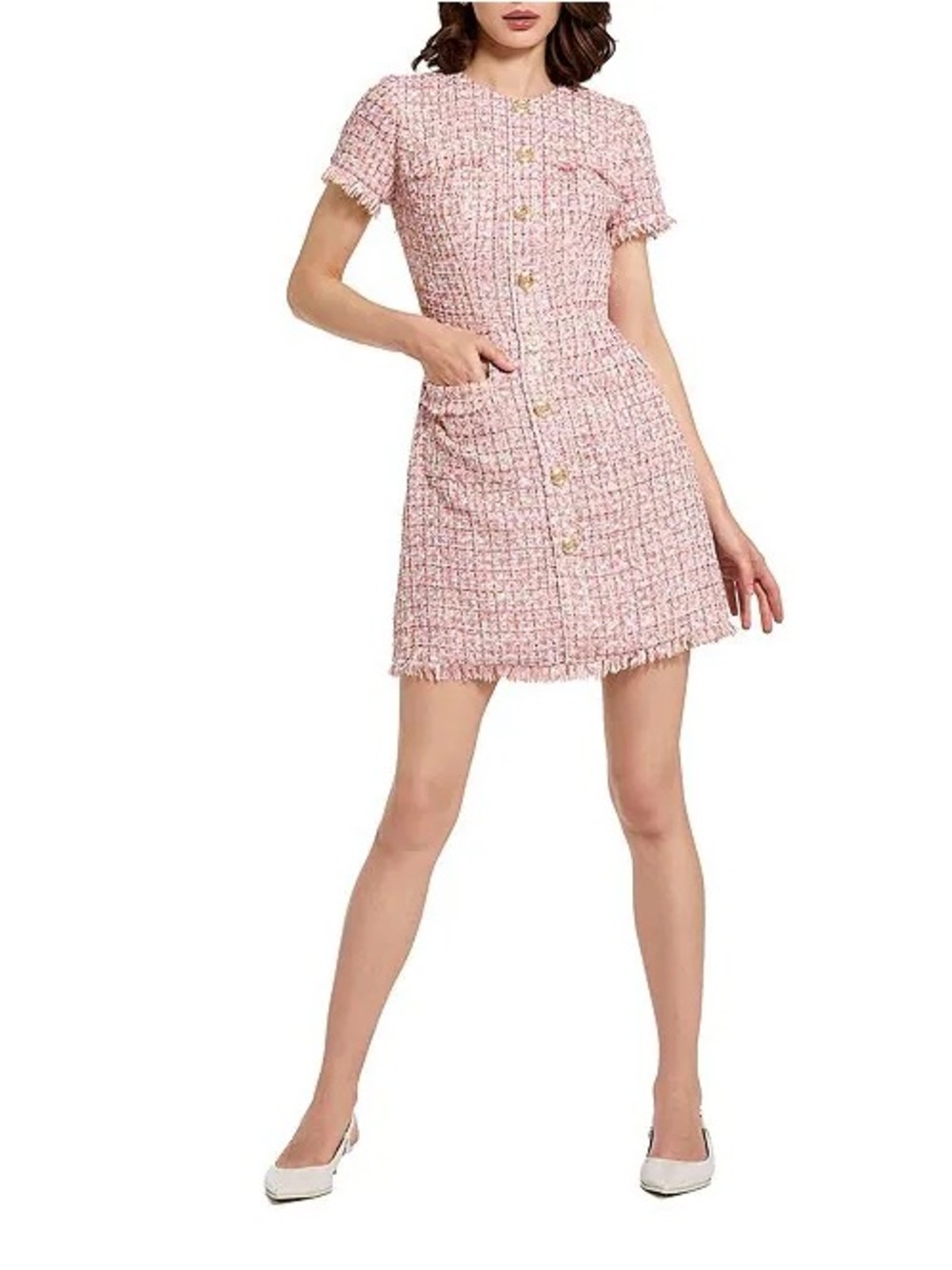Mac Duggal Pink Tweed Short-Sleeve Mini Dress